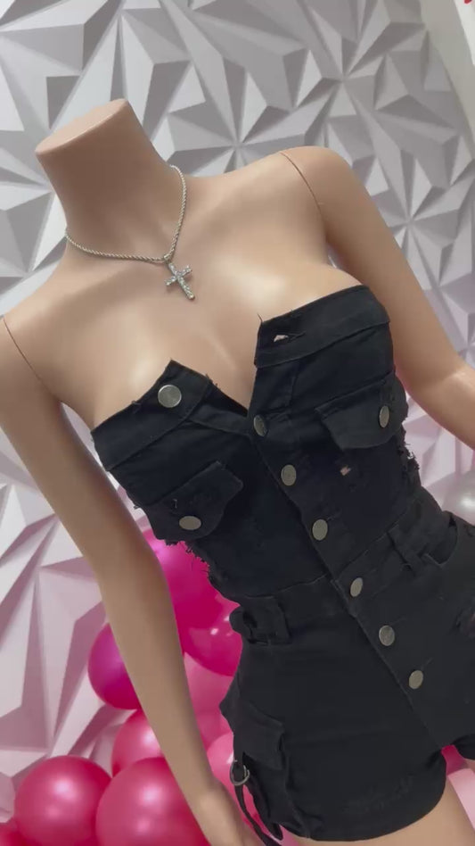 Black Denim Cargo Romper